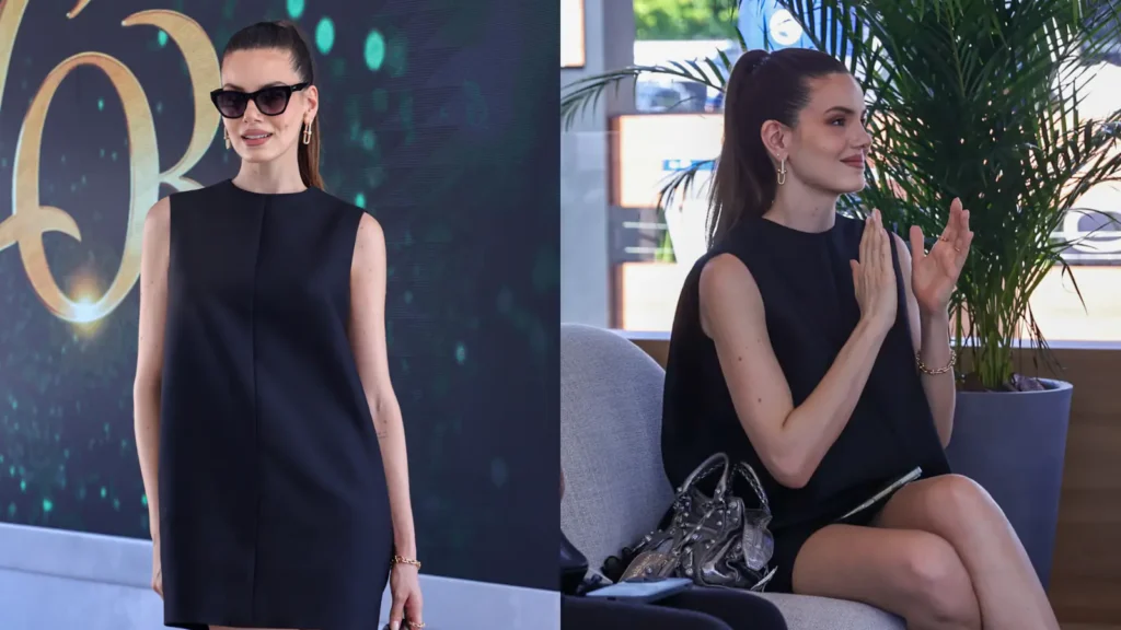 Camila Queiroz posa com look avaliado em mais de R$ 30 mil