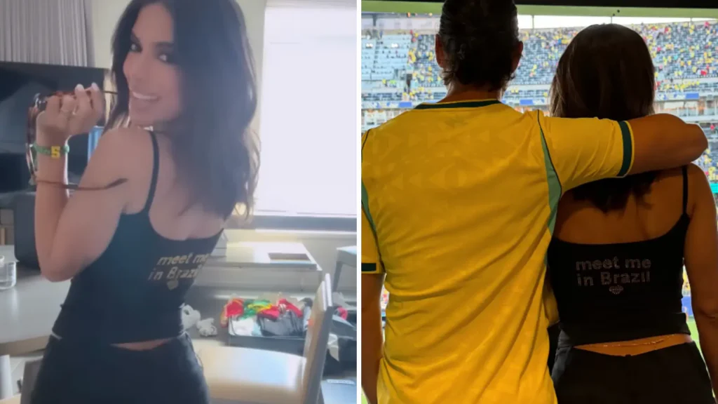 Anitta posa abraçada com bilionário em jogo da Seleção Brasileira