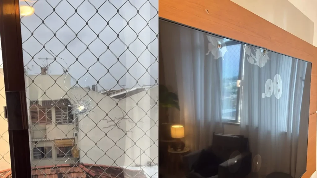 Tiro perfura janela de apartamento e causa danos em TV