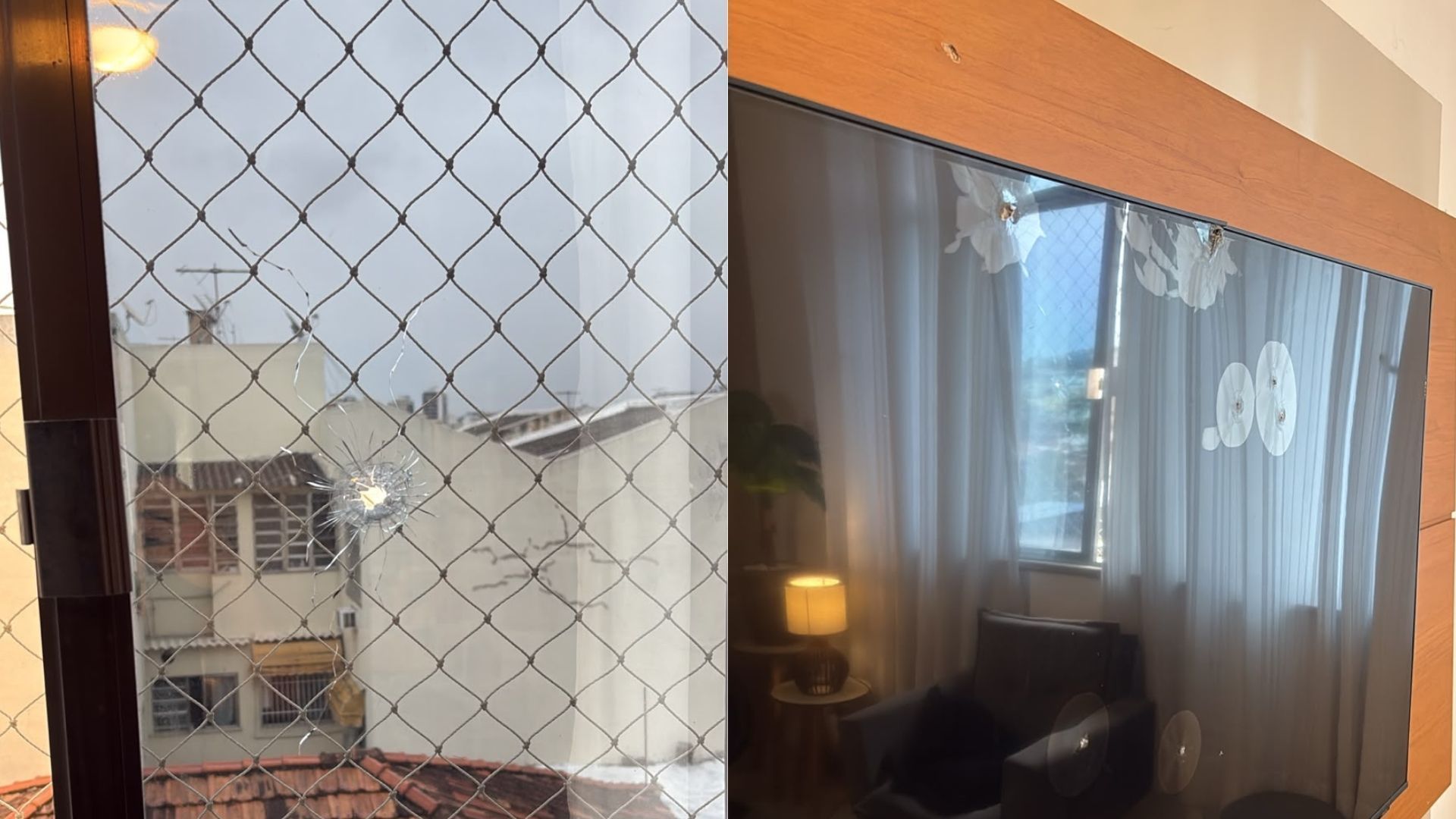 Tiro perfura janela de apartamento e causa danos em TV