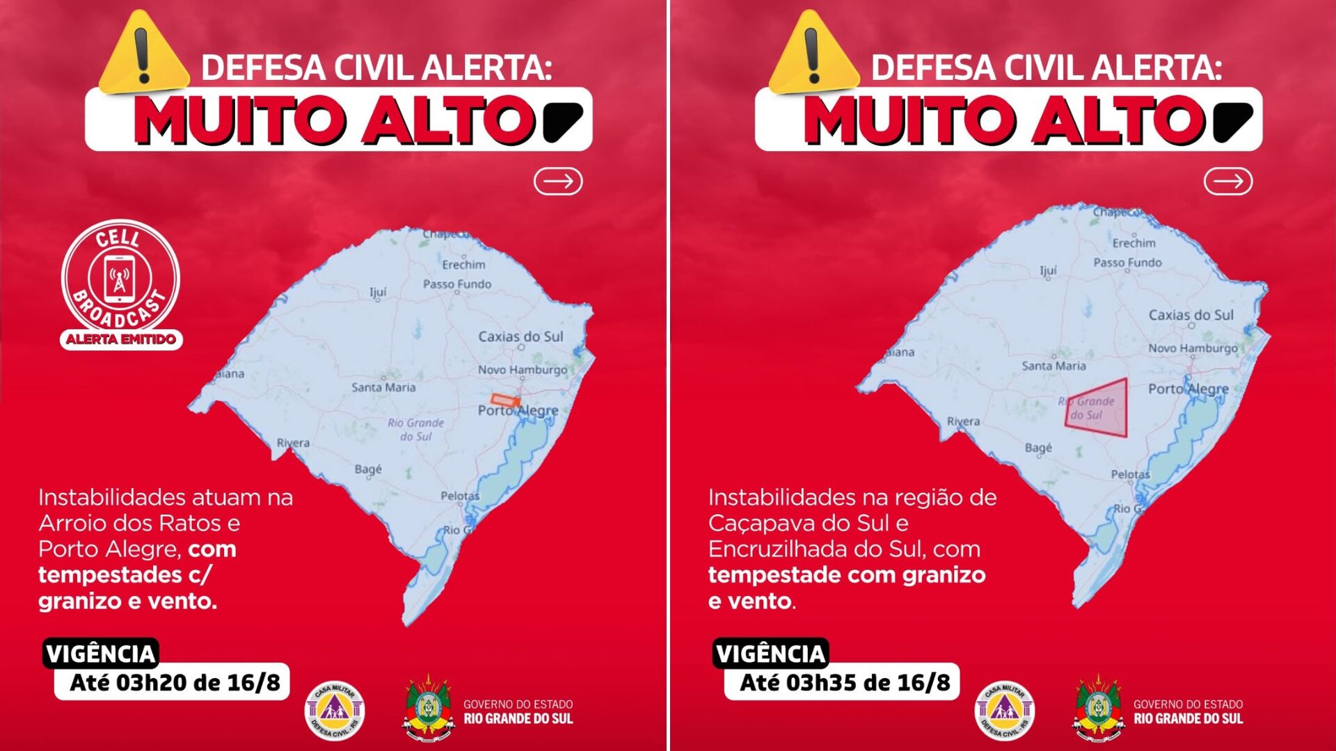 Defesa Civil envia dois alertas vermelhos para chuvas no RS