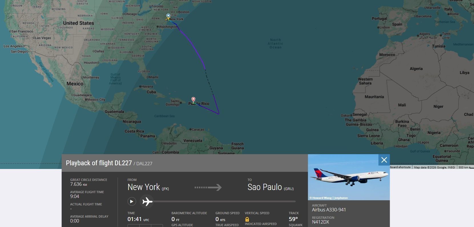 Voo da Delta de Nova York para São Paulo com desvio em Porto Rico