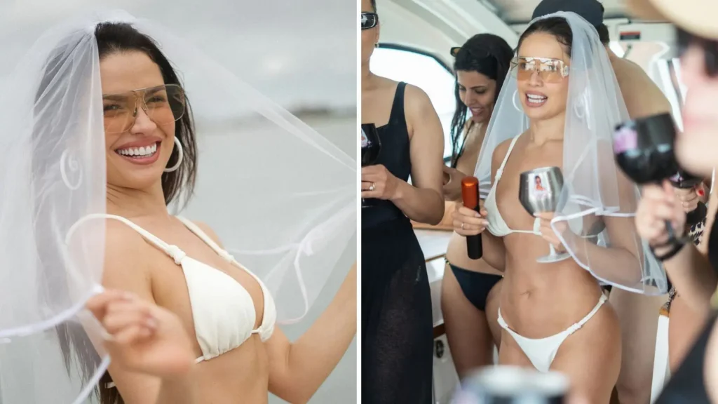 De véu e biquíni, Juliette exibe sua despedida de solteira