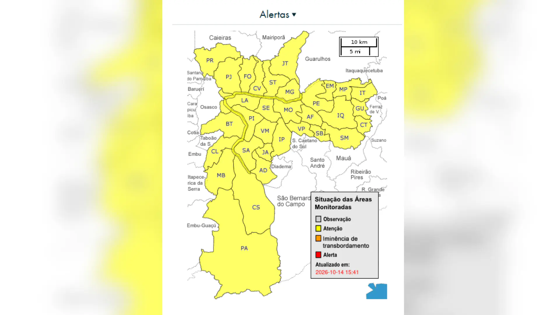 Chuva forte coloca cidade de São Paulo em alerta severo agora